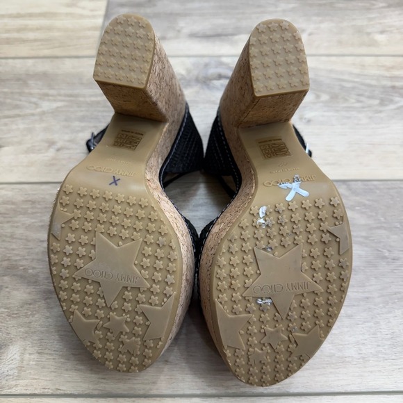 Jimmy Choo Naylor 135 Platform Sandals Black Suede Cork Heel Ankle‎ Strap Buckle - Picture 10 of 16